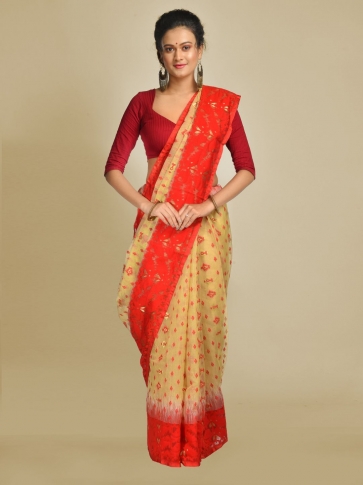 Beige and Red Cotton Blended Hand woven soft Jamdani saree