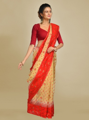 Beige and Red Cotton Blended Hand woven soft Jamdani saree 0