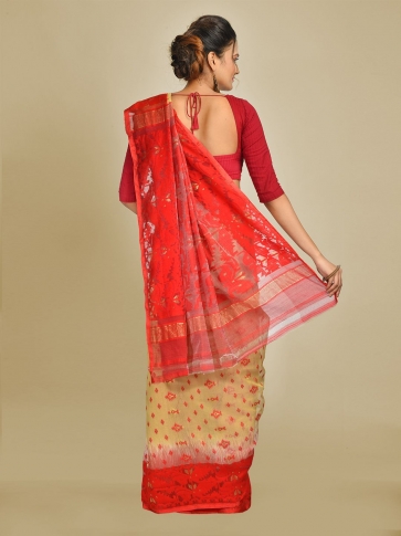 Beige and Red Cotton Blended Hand woven soft Jamdani saree 1