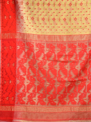 Beige and Red Cotton Blended Hand woven soft Jamdani saree 2