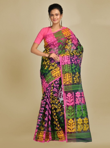 Multicolor Art Silk Cotton Blended Jamdani saree with starch