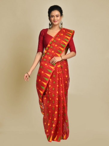 Red Art Silk Cotton Blended Jamdani saree with starch