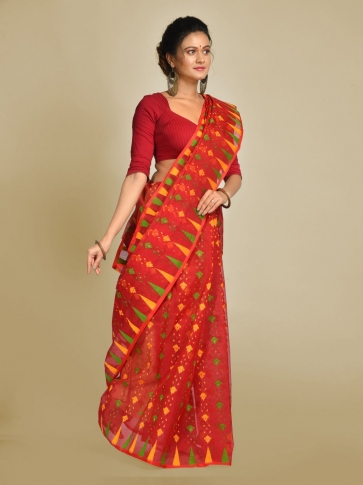 Red Art Silk Cotton Blended Jamdani saree with starch 1