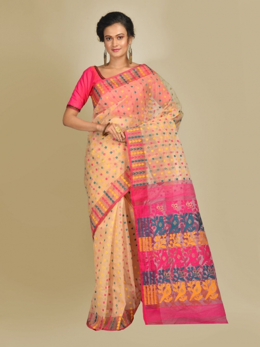 Beige and Multicolor Art Silk Cotton Blended Jamdani saree with starch