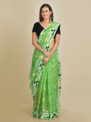 Green Cotton Blended Hand woven soft Jamdani saree
