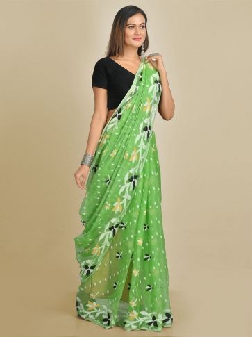 Green Cotton Blended Hand woven soft Jamdani saree 1