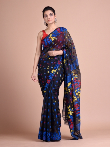 Black and Multicolor Cotton Blended Hand woven soft Jamdani saree