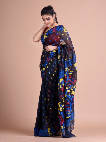 Black and Multicolor Cotton Blended Hand woven soft Jamdani saree 0
