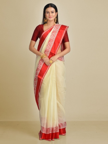 Off White Pure Cotton Hand woven Tant Tangaile Saree