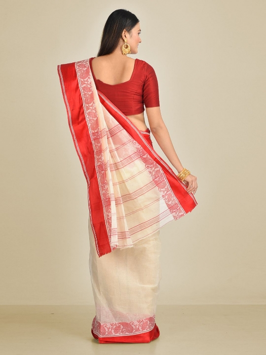 Off White Pure Cotton Hand woven Tant Tangaile Saree 1
