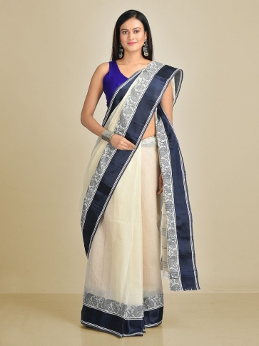 White with Blue Border Pure Cotton Hand woven Tant Tangaile Saree