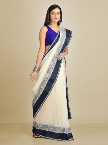 White with Blue Border Pure Cotton Hand woven Tant Tangaile Saree 0