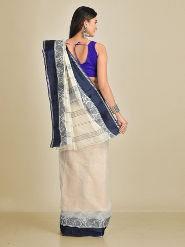 White with Blue Border Pure Cotton Hand woven Tant Tangaile Saree 1