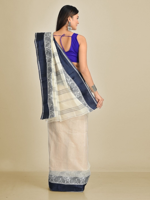 White with Blue Border Pure Cotton Hand woven Tant Tangaile Saree 1