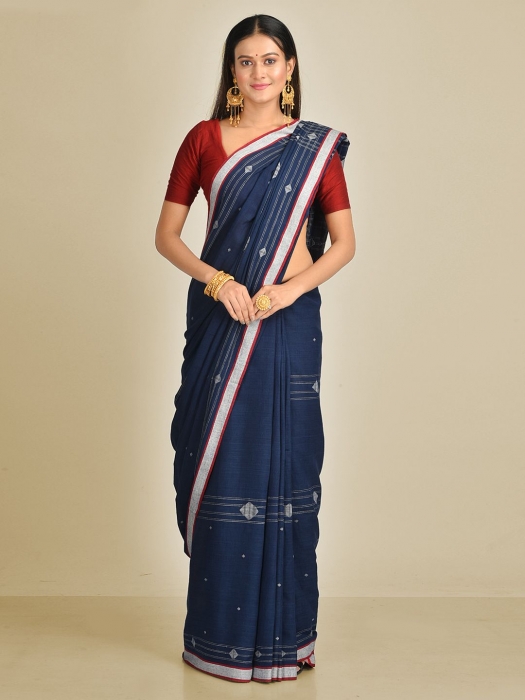 Blue Pure Cotton Hand woven soft saree with Jamdani work