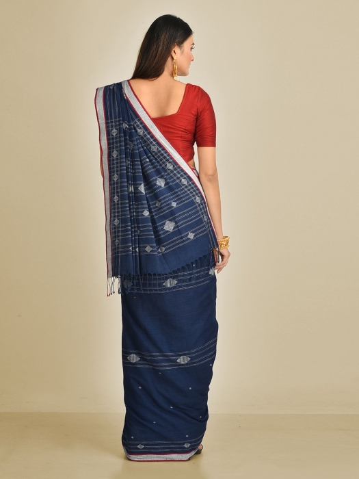 Blue Pure Cotton Hand woven soft saree with Jamdani work 1
