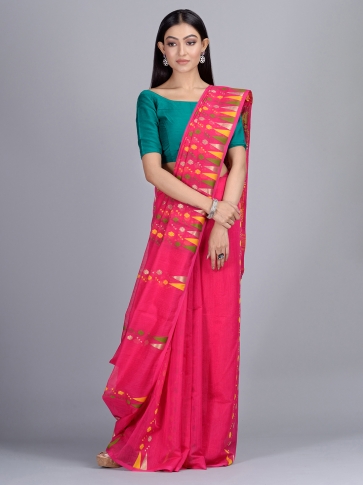 Pink Hand woven Blended Cotton Jamdani Saree with temple border