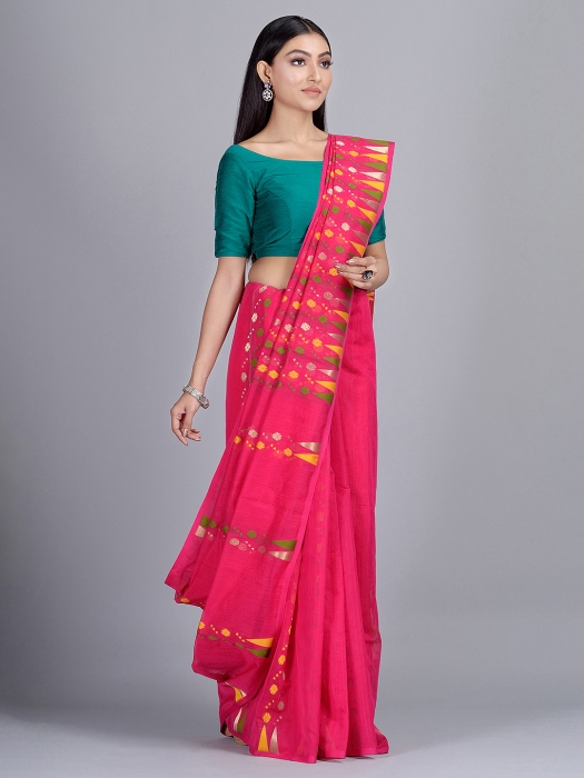 Pink Hand woven Blended Cotton Jamdani Saree with temple border 0