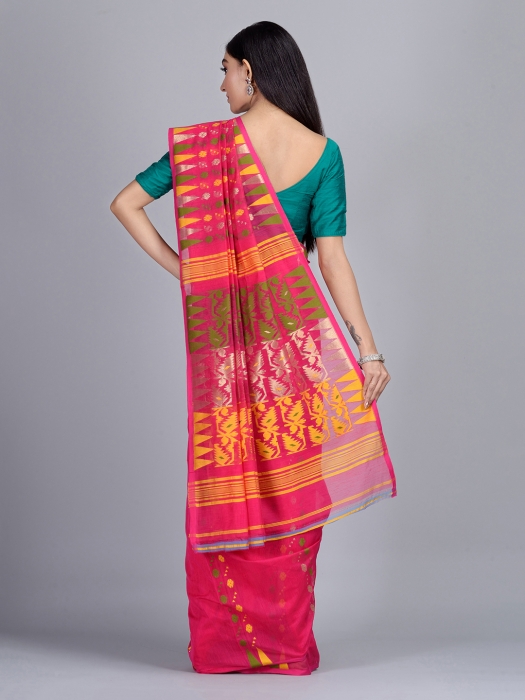 Pink Hand woven Blended Cotton Jamdani Saree with temple border 1