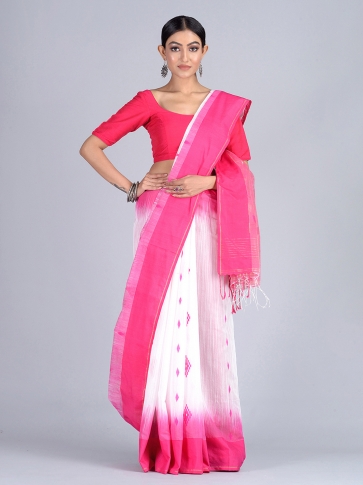 White & Pink Bengal Handloom  Saree with buti work