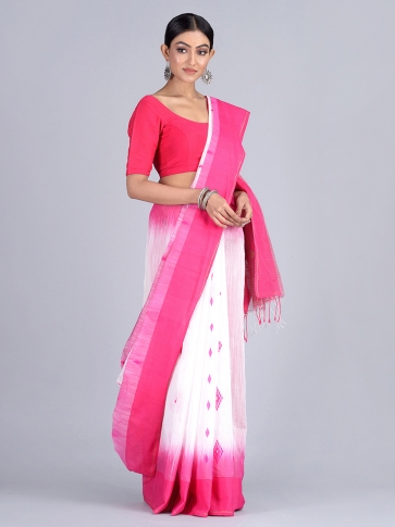 White & Pink Bengal Handloom  Saree with buti work 0