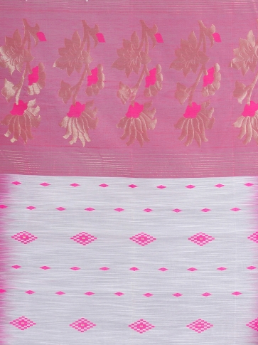 White & Pink Bengal Handloom  Saree with buti work 2