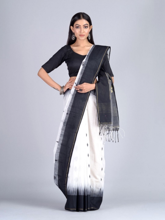 White and Black Contrast  Hand woven Saree