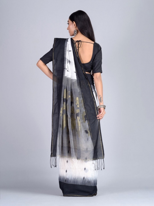 White and Black Contrast  Hand woven Saree 1