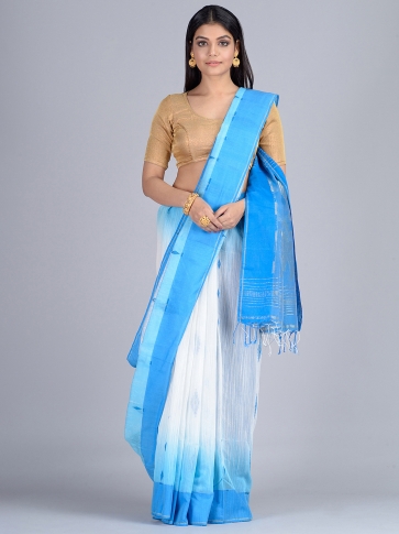 White & Blue Bengal Handloom  Saree with buti