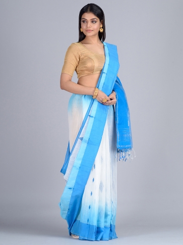 White & Blue Bengal Handloom  Saree with buti 0