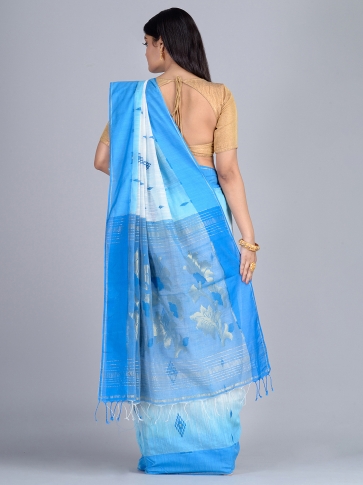 White & Blue Bengal Handloom  Saree with buti 1