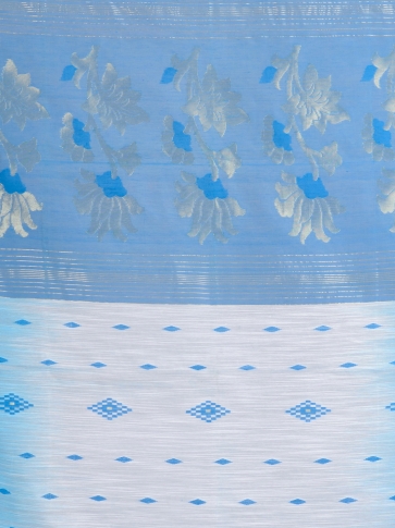 White & Blue Bengal Handloom  Saree with buti 2
