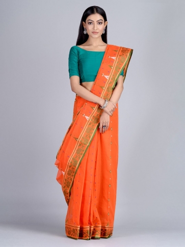 Orange Hand woven Pure Cotton dhakai pattern saree