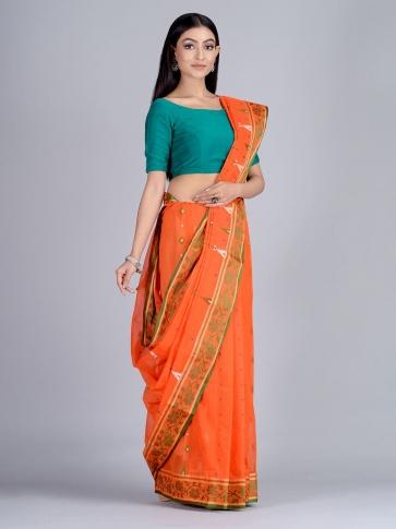 Orange Hand woven Pure Cotton dhakai pattern saree 0