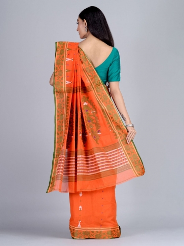 Orange Hand woven Pure Cotton dhakai pattern saree 1