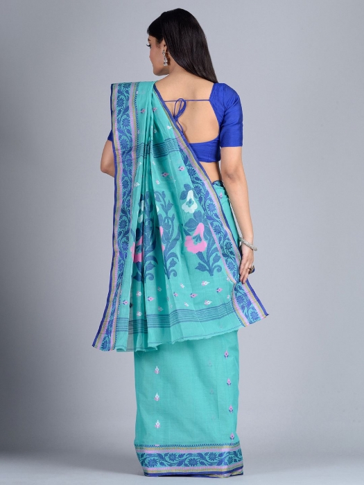 Sea Green Hand woven Pure Cotton dhakai pattern saree 1