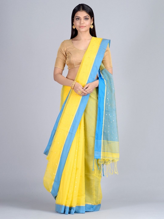 Yellow and Blue Hand woven Pure Cotton saree with Sequin work