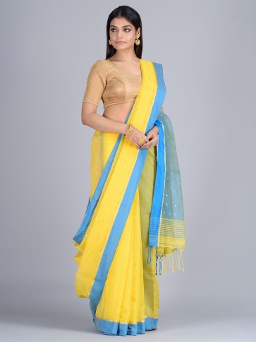Yellow and Blue Hand woven Pure Cotton saree with Sequin work 0