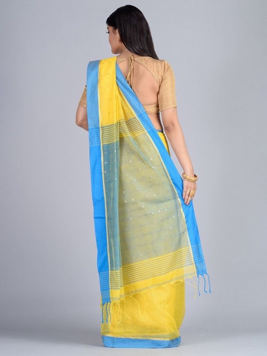Yellow and Blue Hand woven Pure Cotton saree with Sequin work 1