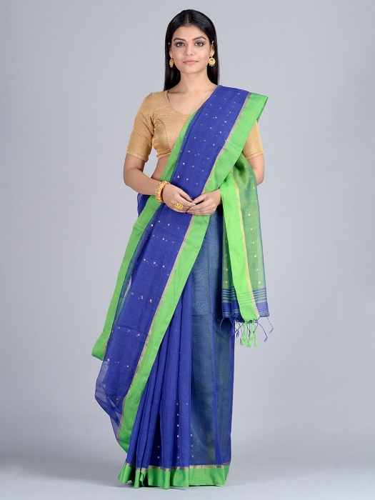 Blue and Green Hand woven Pure Cotton saree with Sequin work