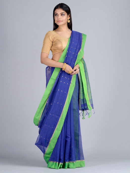 Blue and Green Hand woven Pure Cotton saree with Sequin work 0