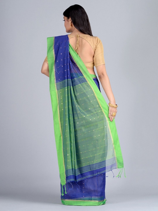 Blue and Green Hand woven Pure Cotton saree with Sequin work 1