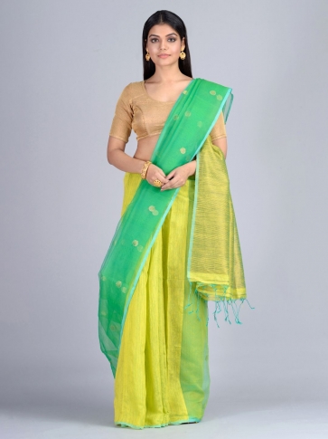 Yellow & Green Blended Matka Silk  Saree