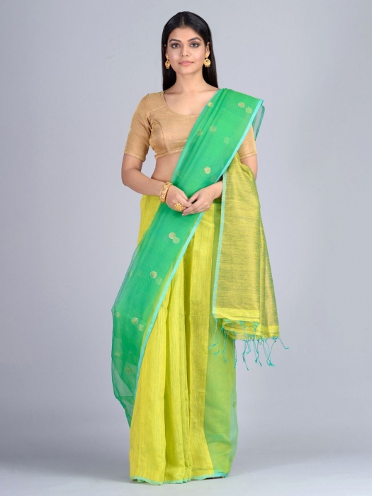 Yellow & Green Blended Matka Silk  Saree