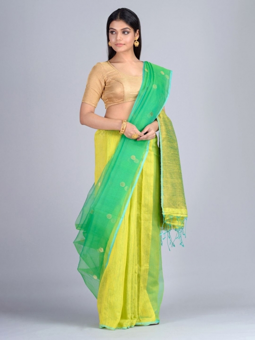 Yellow & Green Blended Matka Silk  Saree 0