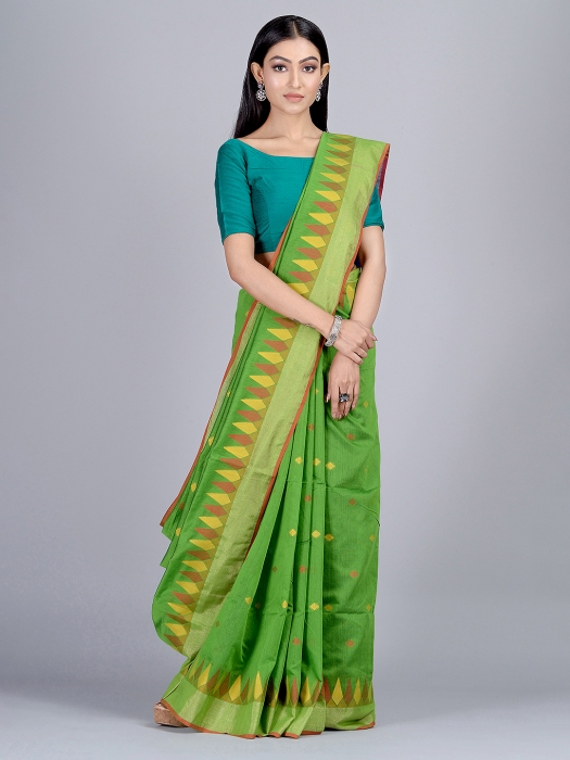 Green Blended Cotton Hand woven Saree with temple border