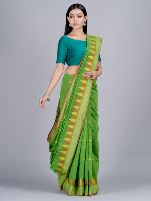 Green Blended Cotton Hand woven Saree with temple border 0