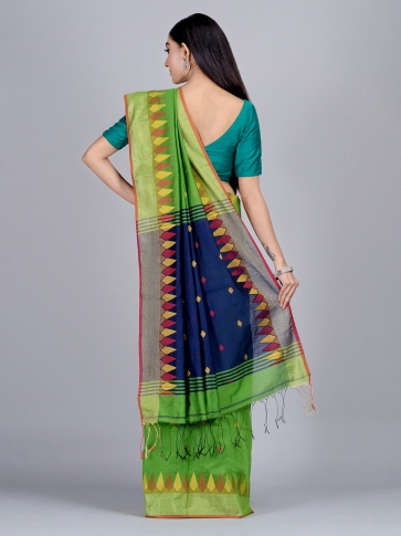 Green Blended Cotton Hand woven Saree with temple border 1
