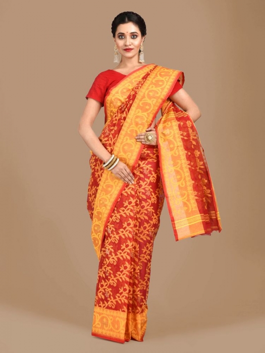 Yellow and Red Cotton Hand woven Jamdani saree