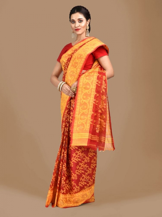 Yellow and Red Cotton Hand woven Jamdani saree 0